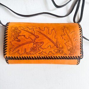 Vintage Leather Hand Tooled Leaf Acorn Print Wallet on A strap Crossbody